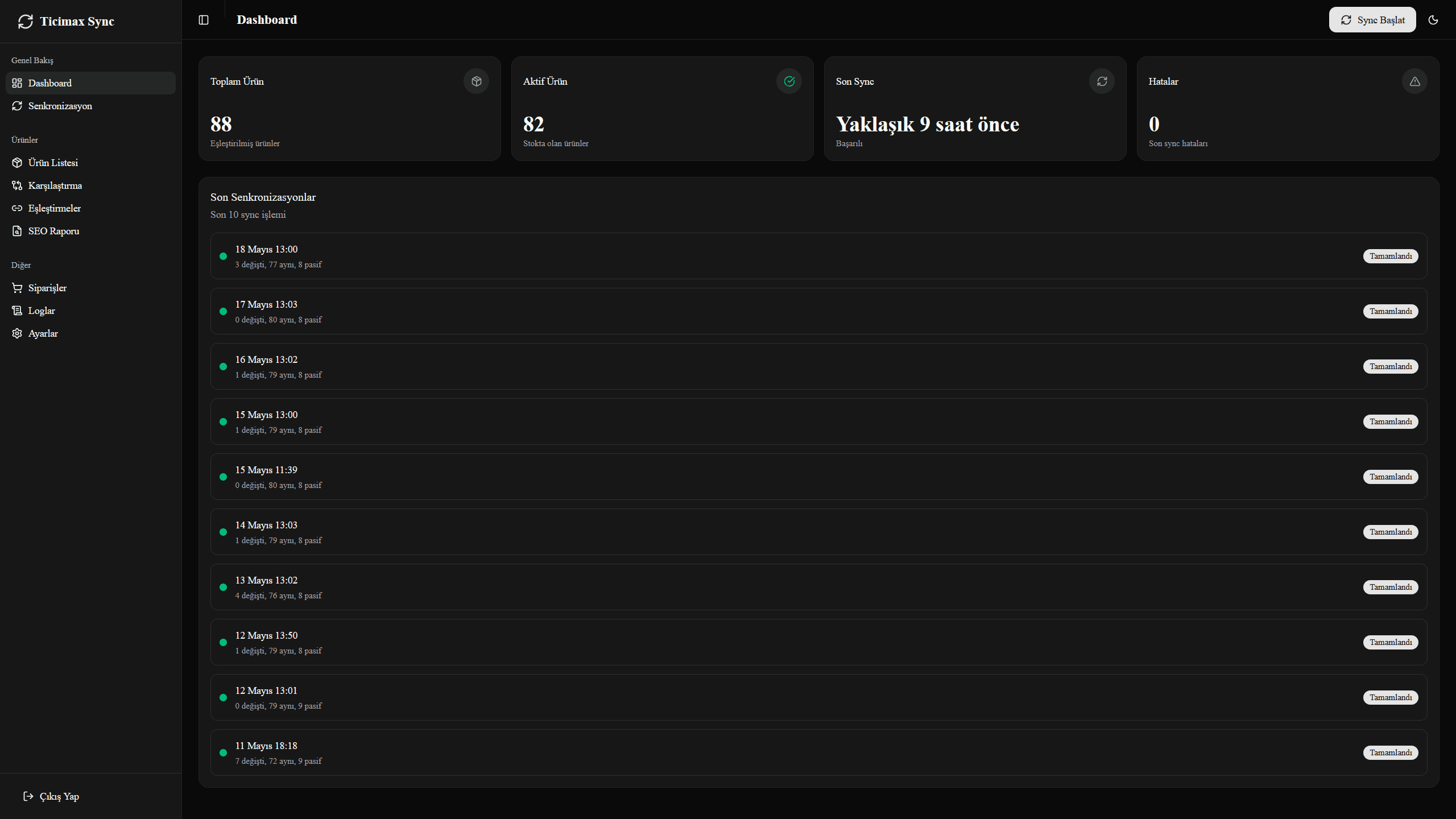 Ticimax sync dashboard